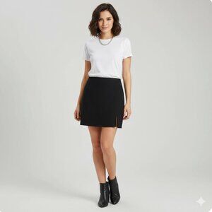 French Connection Black 100% Wool Mini Skirt 4 Front Off-Center Slit Made in USA